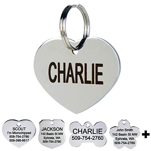 GoTags Pet ID Personalized Dog and Cat Tags. Stainless Steel. Custom Engraved with up to 8 Lines of Text. Front and Backside Engraving. Heart Shape Small.