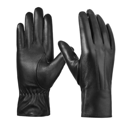 BISON DENIM Sheepskin Leather Gloves for Women - Cashmere Lined Touchscreen & Driving Gloves for Winter Cold Weather Black L