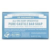 Dr Bronner's 3-in-1 Baby Unscented Pure-Castile Bar Soap, Made with Organic Oils with No Synthetic Fragrances, Used for Face, Body and Hair, Certified Fair Trade & Vegan Friendly, 140g Bar