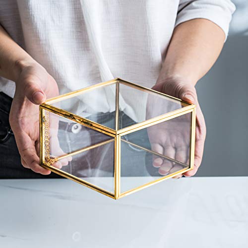Golden Square Vintage Brass & Clear Glass Decorative Box Home Decor, Small Jewelry Case Box Organizer with Latching Lid, 5x5x3in