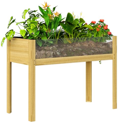 Outsunny Letto per Orto Rialzato 118L in Legno di Abete, Fioriera Rialzata da Esterno con 2 Fori di Drenaggio e Pareti in Acrilico Trasparenti, per Fiori, Piante e Verdure, 110x50x80 cm, Color Legno