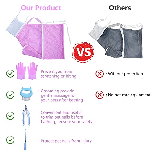 Image of KlerRoem Cat Bathing Bag, Adjustable Anti-bite and Anti-Scratch Cat Shower Mesh Grooming Bag for Pet Dogs and Cats, Includes Pet Nail Clipper, Nail File, Grooming Glove, and Cat Shell Comb