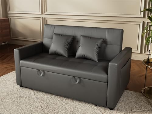 SUNXURY Divano 140 x 94 cm con funzione sleep, moderno divano letto piccolo grigio scuro, divano letto a 2 posti con cuscino, angolo dello schienale regolabile (100°-135°-180°), ecopelle super fibra