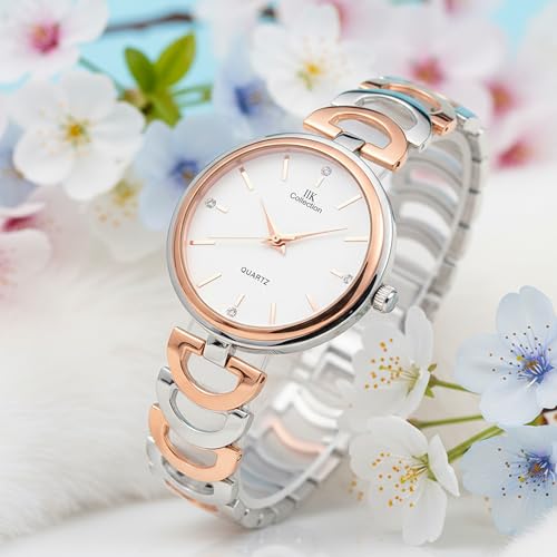 Image of IIK COLLECTION Watches for Women Round Studded Dial |Analogue Quartz Movemnet Ladies Watch|Long Battery Life|Stainless Steel Adjustable Bracelet Chain Strap|Double Lock Clasp Safety Watches for Girls
