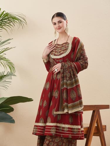 Image of MOKOSH Women's Cotton Print Anarkali Kurta Sharara with Dupatta | Anarkali Kurta Set | Queen Anne Neck Full Sleeve Ethnic Suit | Floral Kurta 3 Colour Option Available | 3 Piece Outfit