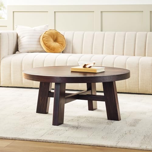 Walker Edison Colt Modern Farmhouse Solid Wood Round Coffee Table, 36 Inch, Espresso