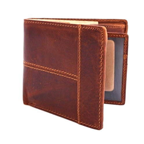 Men's Leather Wallet Money Genuine Vintage Oiled Slim Coin Natural Zipper Pocket Purse Brown Luxury Id 8 Credit Card Slots 1 Id Window 2 Bill Sections Bifold Daviscase Special #TOP6