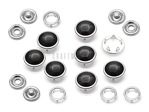 CRAFTMEMORE 20 Sets 12mm Pearl Snaps Fasteners Pearl-Like Prong Snap Button for Western Shirt Clothes Popper Studs - Silver Brass Rim Setting (12 mm, Black)
