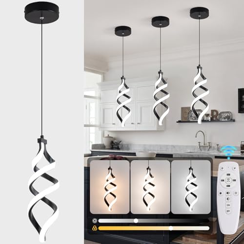 EIDISUNY Modern Led Pendant Light Fixture, 15W Black Spiral Led Chandelier Hanging Lamp, 3000K-6000K, Dimmable Pendant Lamp, Adjustable Height Pendant Light for Kitchen Island Dining Room Bedroom Cafe