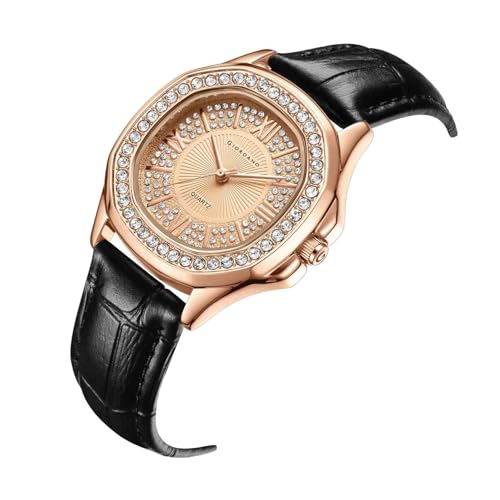 Image of Giordano Luxury Analog Watch for Women with Crystal-Studded Bezel & Leather Strap - Octagonal Case, Elegant Quartz Wristwatch