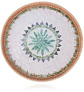 Shellac Rattan Tray with Mother of Pearl Inlay, Round Decorative Serving Tray for Home Décor Coff...