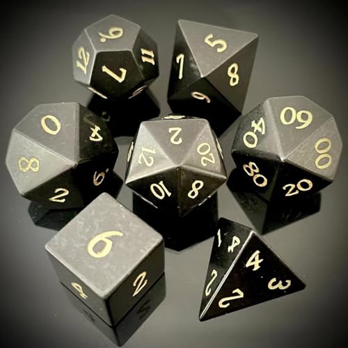 Truewon Black Stone Dice, Set of 7 Handmade Dice for RPG,DND Made by Natural Gemstones. (Basalt)
