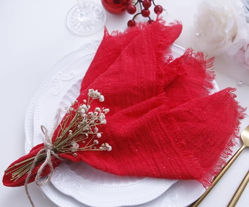 Cloth Napkins with Fringe Set of 12,100% Soft Cotton, Gauze Washable Napkins for Wedding Decorative,Valentine's Day, Dinner Parties,(16''*16'') Red by JINVASE - Used condition - Image 4