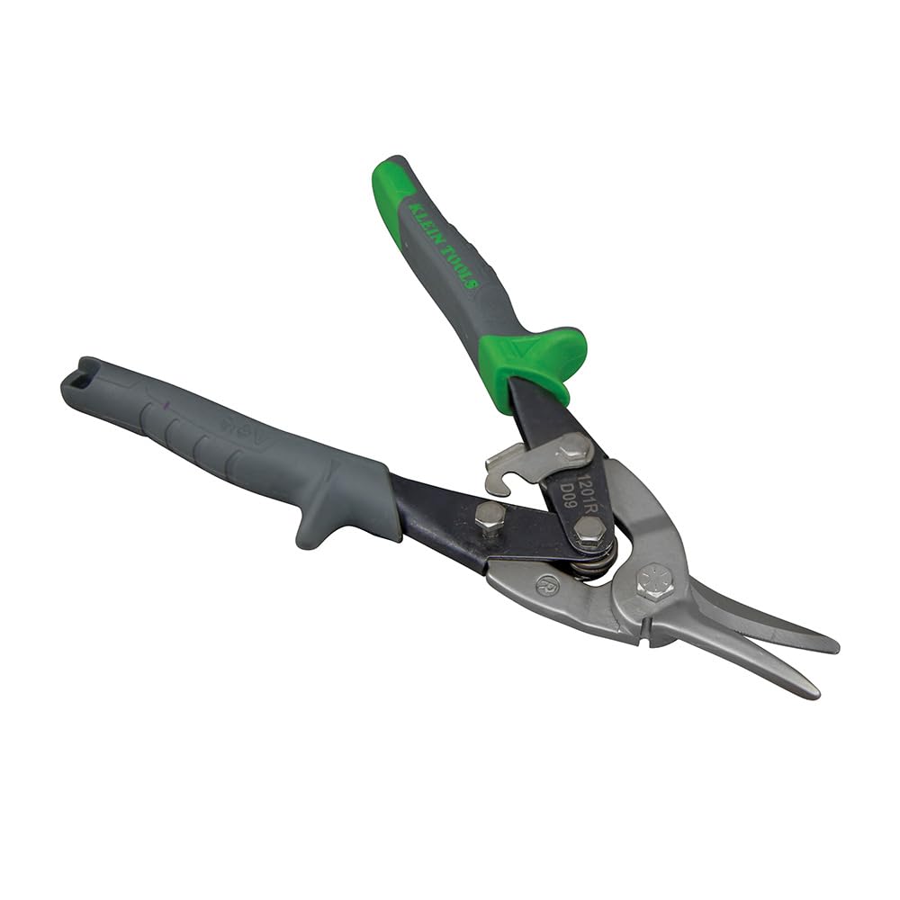 Metal Shears, Aviation Snips with Wire Cutter, Right Curvature Klein Tools 1201R, Green - Image 2