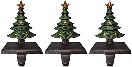 Lulu Decor Cast Iron Christmas Stocking Holders for Mantle, Solid Green Tree Topped with Gold Star, Weighted Sturdy Tree Hooks Hangers for Holiday Decoration (Set of 3)