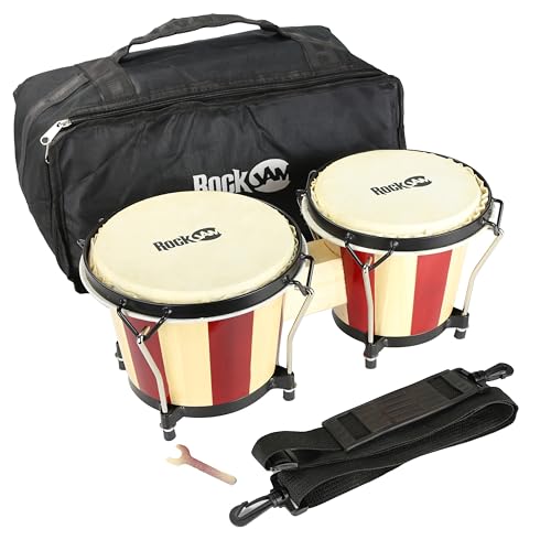 RockJam RJ-100301 7" and 8" Bongo Set with Padded Bag and Tuning Wrench Red and Natural Stripe