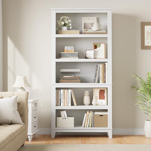 SLEKVERSA 71\" Farmhouse Bookcase w/Adjustable Shelves & 31.5\" Width, 5 Tier Tall Bookshelf with Wooden Legs, Rustic Vintage Book Shelf for Living Room Office Library (White)