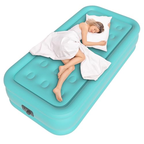 Image of Twin Air Mattress with Built in Pump, Single Blow up Air Bed with Portable Storage Bag, Suitable for Home and Guests, Top Flocking, 18 inch Turquoise Green
