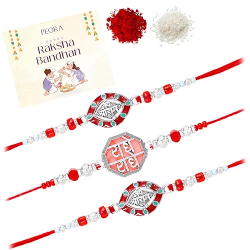 Image of Peora Rakhshabandhan Thread Rakhi for Brother Bhaiya | Crystals & Kundan Studded | Combo, Set of 3 | Rakhi Hamper with Roli Chawal & Greeting Card