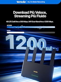 Tenda 4G08 Router 4G+, Router WiFi con SIM, Modem 4G AC1200 Dual-Band, LTE Mobile CAT6 300Mbps, Scheda Nano SIM, 4 Antenne Esterne, Porta LAN/WAN Gigabit, OpenVPN, MU-MIMO, Mesh Wi-Fi+, Plug & Play