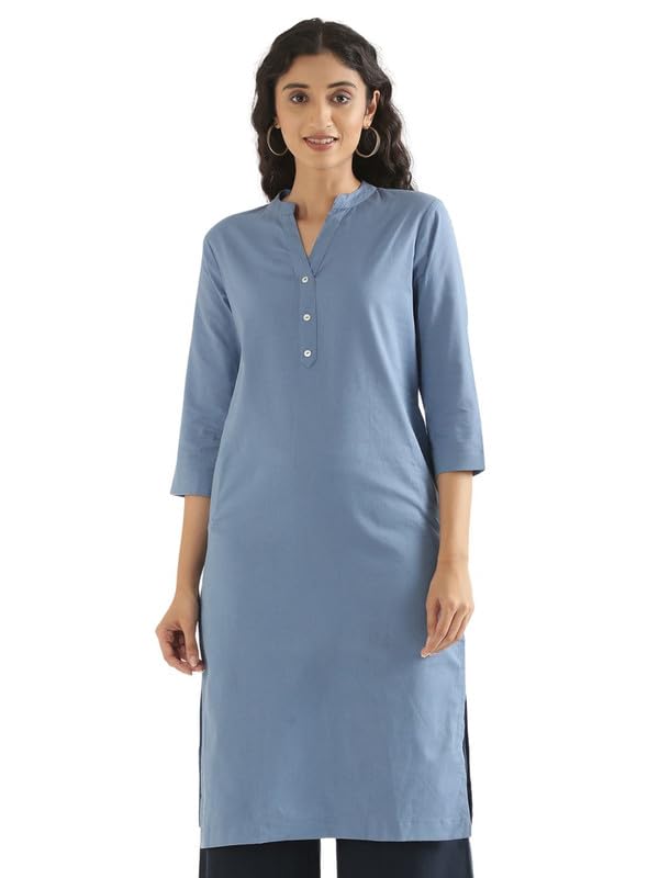 Image of SAADAA Women's Linen Straight Fit Straight Long Kurta Airy Plain Kurta, 3 /4 Sleeve, Knee Length Kurtis with Pockets, Casual and Office Wear