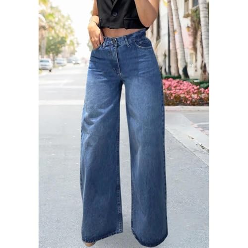 Image of Women's Straight Leg Jeans High Waisted Wide Leg Stretchy Baggy Denim Pants