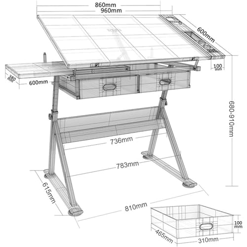 OTQEFTN Height-Adjustable Drawing Table, Drawing Board Table/Study Table/Writing Table/Creative Desk, Tiltable Craft Table with Storage Space, Suitable for Home Office Drawing Table