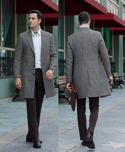 Image of Mens Trench Coat Herringbone Wool Peak Lapel Single Breasted Long Slim Fit Pea Coat Business Suit Jacket for Men