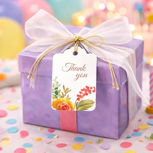Image of CVANU Floral Thank You Gift Tags (Set of 100), Elegant Flower Design (D11) Hanging Tags with Gold String for Wedding Return Gifts & Small Business Packaging (2.85 x 1.7 Inch)