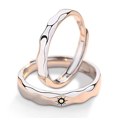 2 Pcs Sun Moon Matching Couple Ring Set Opening Adjustable Wedding Promise Lovers High Polish Bands Ring Minimalist for Women Men His and Hers Velentine's Day Gift-Wave