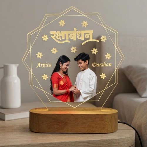 Image of Raksha Bandhan Personalized LED Table Lamp - Custom Photo Multicolor Acrylic Night Light for Brother & Sister - Name Printed Festival Gift