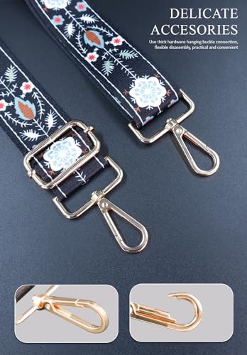 Image of Lyrovo Adjustable Purse Strap Replacement for Women, 1.5 inch Wide Crossbody Shoulder Strap Boho Handbag Strap(Flower Black)