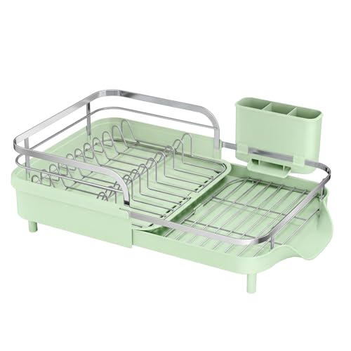 Image of SAYZH Dish Drying Rack - Expandable Dish Rack for Kitchen Counter, Rust-Resistant Dish Drainer with Utensil Holder and Raised Guardrail, Kitchen Organizer for Cup and Bottle (Green)