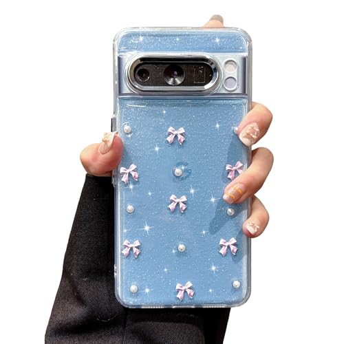 Coque Google Pixel 8 Pro antichoc en TPU souple transparent et design nœud violet brillant