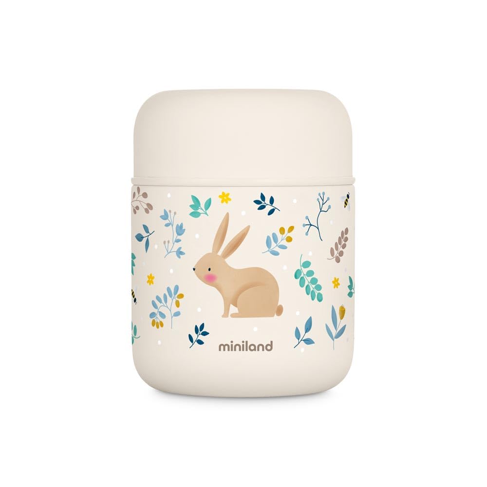 Miniland 280 ml Food Thermos for Baby - Stainless Steel, Double-Wall Insulation with Copper Layer, Keeps Food Hot & Cold for 24+ Hours, Leakproof, BPA Free, Dreamland Rabbit