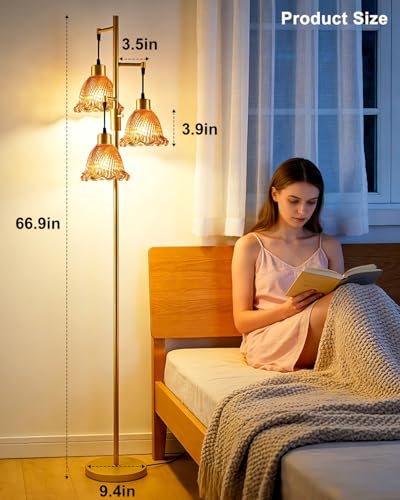 Image of Lightdot Glass Floor Lamps for Living Room, 3-Light Dimmable Floor Lamp with Rose Red Glass Shade& E12 Bulbs Included, Mid Century Standing Tall Lamp with 5Lbs Heavy Base for Bedroom /Sofa Beside-Gold