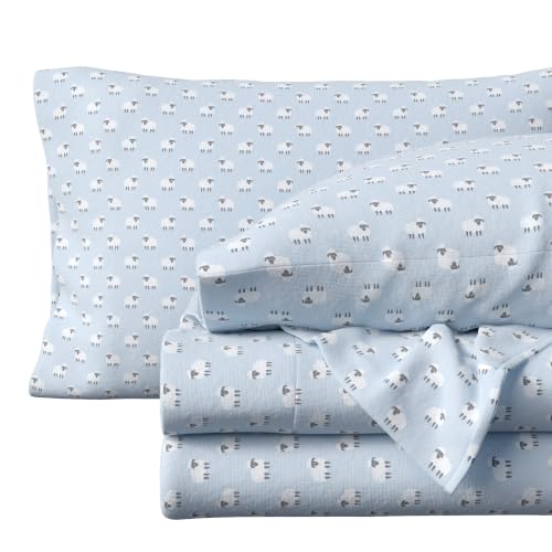 Great Bay Home Christmas Flannel Sheet Set Full Size - 100% Turkish Cotton, Double-Brushed, Winter Bed Sheets - Ultra-Soft, Cozy, 4-Piece Holiday Bedding Set (Sheep it Blue)