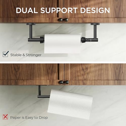 Image of FORIOUS Paper Towel Holder Under Cabinet, SUS304 Wall Mounted Only Commercial Paper Towel Holder, One-Handed Tear Hanging Paper Roll Holder with Ratchet Mechanism for Kitchen Bathroom Matte Black