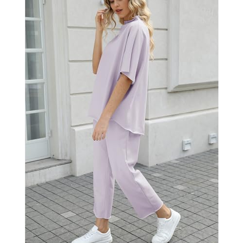 Image of SeeLuNa Women's Two Piece Outfits 3 /4 Batwing Sleeve Capelet Crew Neck Pullover Top Wide Leg Pants Lounge Set