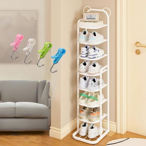 Zapatero delgado de 5 niveles, organizador de zapatos de metal que ahorra espacio, para 5-10 pares, 32 x 28 cm, ideal para pasillo, entrada, color blanco, solución de almacenamiento de 96 cm