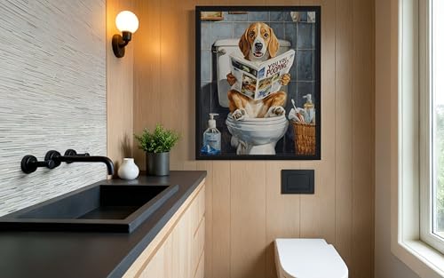 Image of Beagle on Toilet Black Framed Wall Art Print Poster, Dog Bathroom Humor Decor Posters Prints for Restroom Home Picture Painting Artwork Gallery 7 (Beagle, 10 inchL x 8 inchW, Black Frame)
