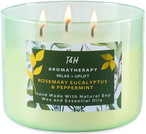 Rosemary Eucalyptus Peppermint 3 Wick Candle for Home Scented | 15.8 oz Large Soy Candle | Spa...