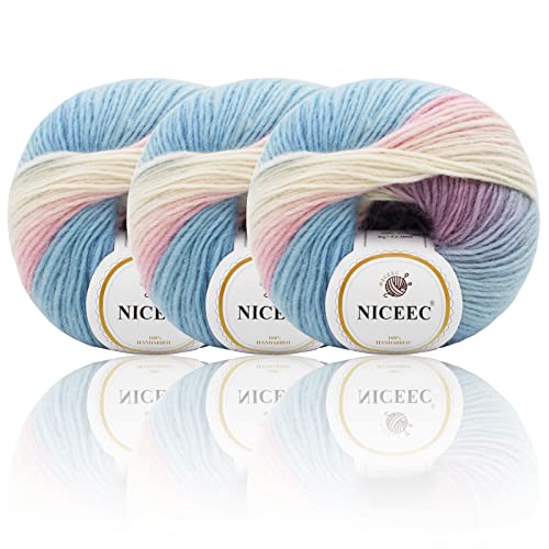 Image of NICEEC 3 Skeins 100% Wool Rainbow Yarn Soft Gradient, Self-Striping, Colorful Single Ply Yarn for Crochet & Knitting - 21#