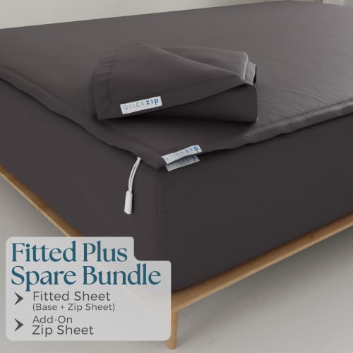 Image of QuickZip Fitted Plus Spare Bundle: 1 Fitted Sheet (Base + Zip Sheet) & 1 Zip Sheet - Easy to Change, Won't Pop Off - Soft Percale 400 TC 100% Cotton - 16 inch Deep Pockets Queen Size Sheets - Charcoal