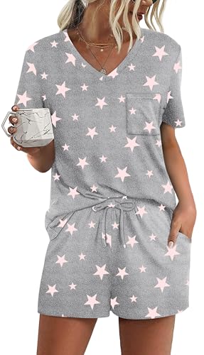 Image of RUBZOOF Women's Short Sleeve Pajama Sets with Pockets Casual V Neck 2 Piece Lounge Sets S-3XL