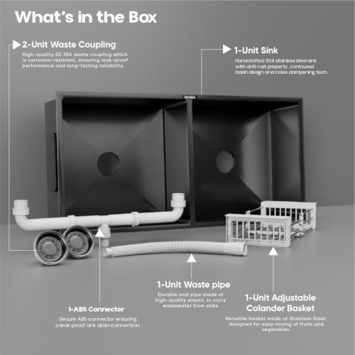 Image of Lorazzo Lustr Stainless Steel 304 Double Bowl Handmade Kitchen Sink | 37 x 18 Inch | Gunmetal Black Finish | Heavy-Duty Dual Bowl Sink | Includes Couplings, Connector & Strainer Basket