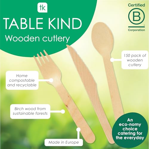 Table Kind 150 x Großpackung Besteck aus Holz, biologisch abbaubar, Messer, Gabeln, Löffel, perfekt für Geburtstagspartys, Camping, Picknicks oder Grillabende, Catering, Utensilien 17 cm