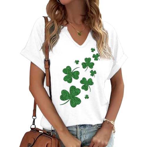 Scgirl Womens Short Sleeve V Neck T-Shirts Love Heart Printed St. Patrick's Day Shirts Graphic Tees (L,ST1 White)