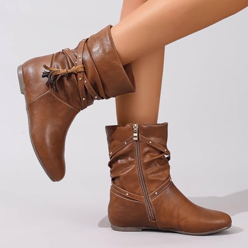 Women's Mid Calf Boots Wrinkled Side Zipper Fringe Design Round Toe Low Heel Ankle Booties Comfortable Casual Boots2