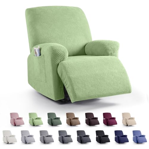 Image of KinCam Recliner Covers, Stretch Reclining Chair Covers, Recliner Sofa Slipcovers Stripe Jacquard Recliner Couch Covers Furniture Protector Covers for Pet Kid (1 Seater, Light Green)